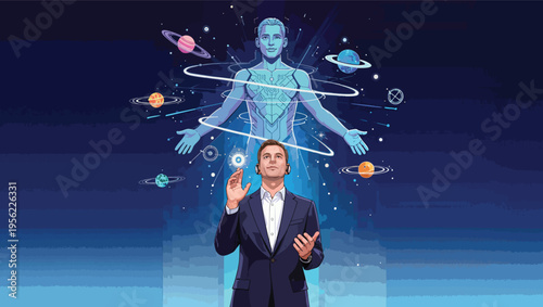 Man in suit interacting with a holographic projection of a blue human figure surrounded by planets businessman.
