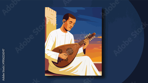 Man in white robe plays oud against sunset sky in framed artwork adult male.