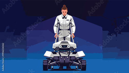 Man in white uniform operating a futuristic robot with wheels and sensors android human.