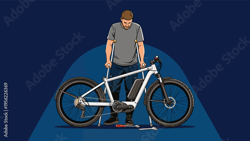 Man on crutches assembling an electric bicycle with tools on the ground e-bike.