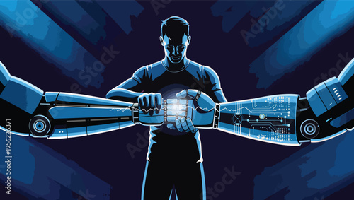 Man interacting with robotic arms and a glowing digital core in a dark blue setting technology future.