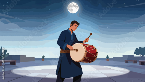 Man plays large drum under full moon on rooftop at night adult male.