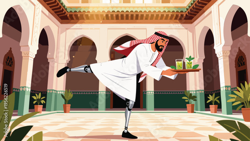 Man with prosthetic leg balancing tray of drinks in ornate courtyard arab man artificial limb.