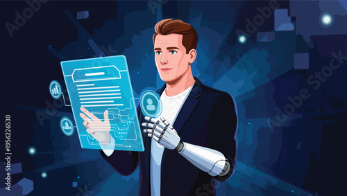 Man with robotic arm interacting with a holographic interface displaying data technology.