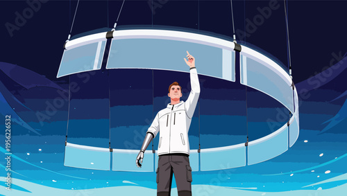 Man with robotic arm points to a suspended ring of transparent screens pointing finger.