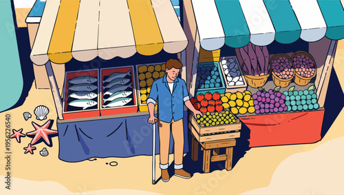 Man with walking cane at a vibrant outdoor market stall with fresh produce and seafood disability.