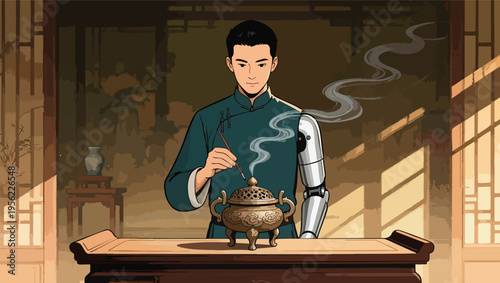 Man with Robotic Arm Lights Incense in Traditional Room with Ornate Censer cyborg.