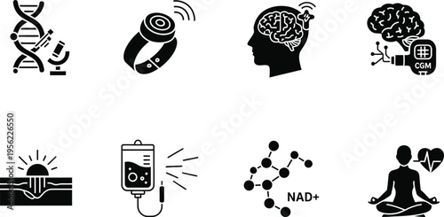 Biohacking and Longevity Icon Set with DNA Editing, Brain Optimization, NAD Plus Molecule, IV Drip Therapy, and Wearable Health Trackers for Biotech UI, Wellness Apps, and Science Marketing