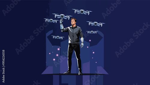 Man with robotic arms controlling multiple drones in a futuristic city at night technology future.