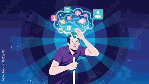 Man with white cane looking up at a cloud of digital icons and symbols thinking ideas.