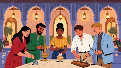 Multicultural group of people lighting incense sticks indoors with ornate architecture burning aroma.
