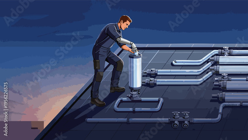 Mechanic with Prosthetic Arm Working on Rooftop Pipes worker repair.