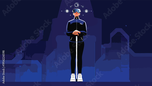 Person in VR headset standing in a futuristic industrial landscape virtual reality augmented reality.