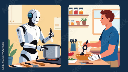 Robot cooking on a stove and man preparing food in a kitchen, split screen illustration android.