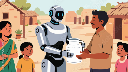 Robot handing a milk jug to a man with a family watching in a village setting android woman.