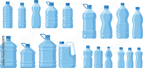Plastic Water Bottle Container Vector Set with Various Drink Packaging Shapes for Beverage Branding, Hydration Graphics, Recycling Awareness Designs, and Product Mockup Illustration Collections
