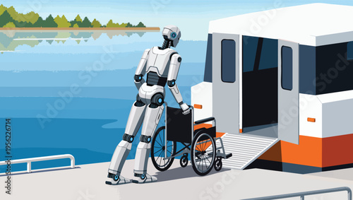 Robot assisting a person in a wheelchair onto a transport vehicle by a body of water android humanoid.