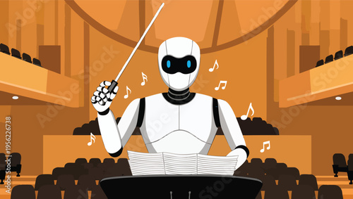 Robot conductor leading an orchestra in a grand concert hall music.