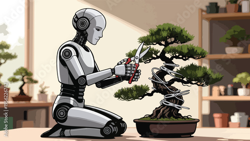 Robot meticulously pruning a bonsai tree with scissors in a room with shelves of plants gardening.