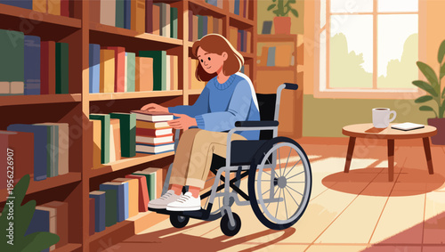Woman in Wheelchair Reaching for Books on a Shelf in a Cozy Library Room female adult.
