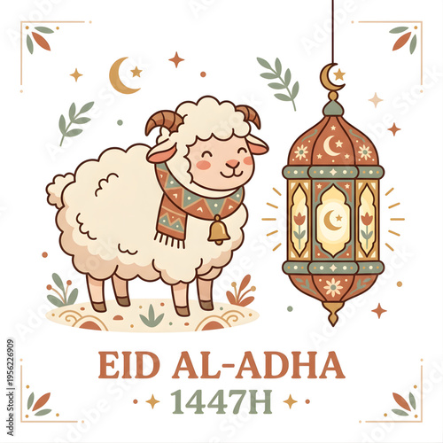 Modern Islamic Eid Al-Adha greeting card illustration, sheep and lantern with pastel earth tones