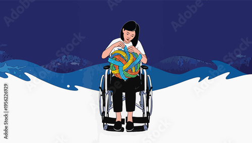 Woman in wheelchair weaving a colorful tangled ball of yarn with sharks in the background vector illustration.
