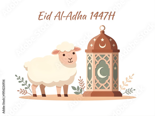 Modern Islamic Eid Al-Adha greeting card illustration, sheep and lantern with pastel earth tones