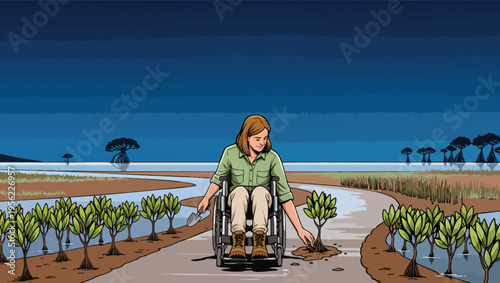 Woman in wheelchair planting mangrove saplings along a pathway in a wetland environment at dusk vector.