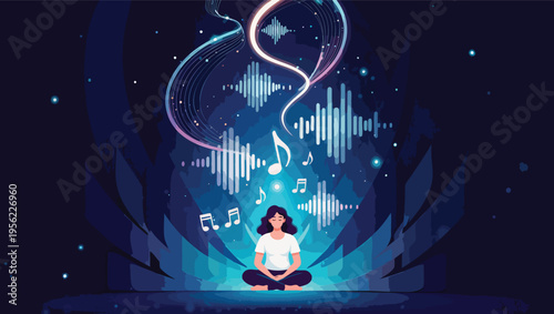 Woman meditating with music visualization and sound waves in dark blue setting yoga lotus position.