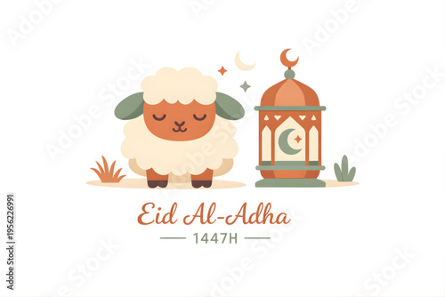 Modern Islamic Eid Al-Adha greeting card illustration, sheep and lantern with pastel earth tones