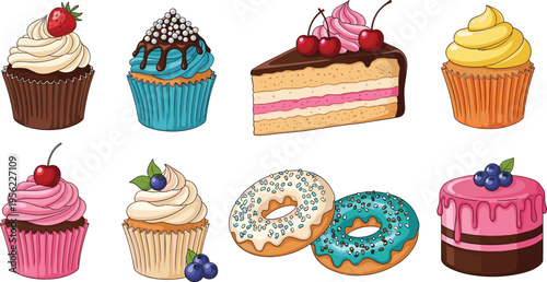 Cute Bakery Dessert Icon Set with Cupcakes Donuts and Layered Cake Slice Illustrations for Sweet Food Menus, Sticker Designs, Packaging Graphics, and Confectionery Branding Elements