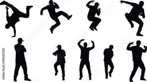 Black silhouette dancers performing breakdance, hip hop, acrobatic moves, jumping, handstand, rhythm, expressive poses, energetic motion, dance illustration