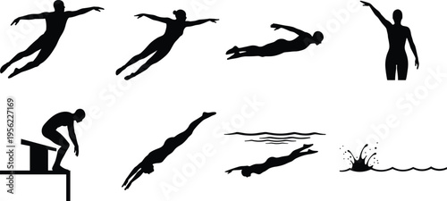 Black silhouette diver performing water dive sequence, jumping, swimming underwater, splash motion, aquatic sport, dynamic movement, pool, fitness illustration