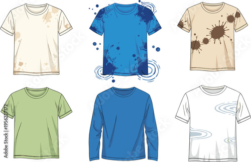 T Shirt Template Vector Set with Paint Splatter Stain Effects and Blank Apparel Mockups for Fashion Design, Print Preview, Clothing Branding, and Merchandise Presentation Graphics