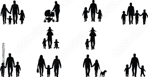 Black silhouette family groups walking, parenting, childcare, lifestyle activities with children, stroller, dog, bonding, outdoor, home, love illustration