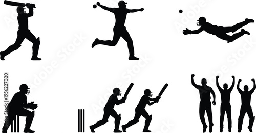 Cricket players silhouettes performing batting, bowling, fielding, wicketkeeping, running and celebrating, vector illustration for sports lifestyle and cultural content.