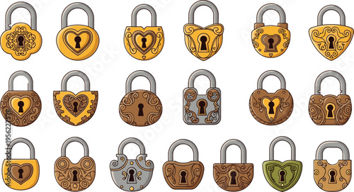 Vintage Decorative Padlock Icon Set with Ornamental Antique Security Lock Symbols for Privacy Protection Concepts, User Interface Elements, Cyber Safety Graphics, and Retro Design Collections