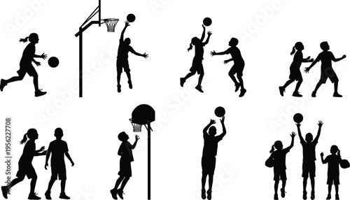 Silhouette children playing basketball game, dribbling, shooting, jumping, defending, teamwork, sports activity, dynamic movement, vector illustration design