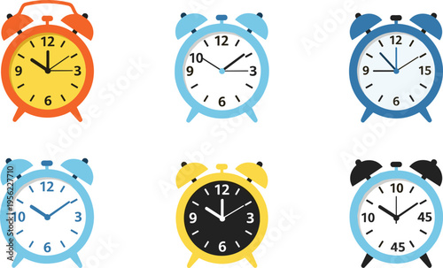 Colorful Alarm Clock Icon Set with Classic Twin Bell Timer Symbols for Time Management Apps, Reminder Notifications, Schedule Planning, Productivity Tools, and User Interface Design