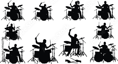 Silhouette drummers playing drum set, musical performance, rhythm, percussion instrument, concert, band activity, dynamic pose, vector illustration design