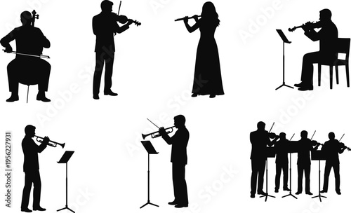 Silhouette musicians playing instruments, orchestra performance, violin, cello, flute, trumpet, clarinet, ensemble group, concert stage, vector illustration design