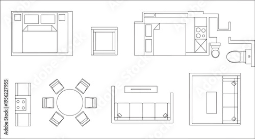 Top View Architectural Floor Plan With Furniture Symbols and Interior Layout Blueprint