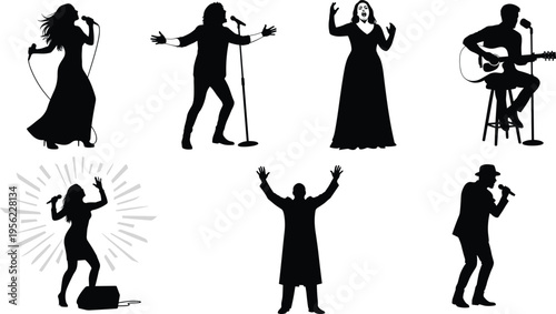 Silhouettes of singers and musicians performing on stage, vector illustration showing passion, energy, music lifestyle, entertainment and cultural art content.