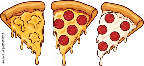 Cartoon Pizza Slice Set with Melted Cheese and Pepperoni Toppings Cute Fast Food Illustration Collection for Menu Design, Stickers, Kids Graphics, and App Icons