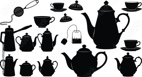 Collection of black silhouettes featuring teapots, tea kettles, cups with saucers, tea bag, strainer, sugar bowl lids representing tea culture illustration concept