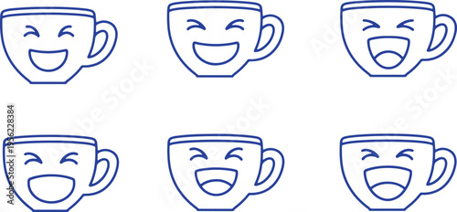 Six cheerful animated cups expressing different levels of happiness with their faces