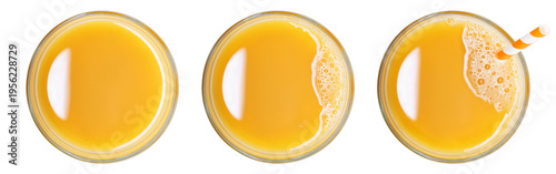 Orange juice glass collection isolated PNG on transparent background. From top view