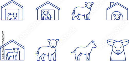 Illustrations of farm animals and their shelters in simple line drawings