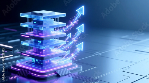 Digital Transformation Business Success 3D illustration of layered system upward arrows symbolize innovation scaling growth in digital future