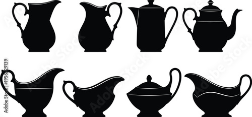 Eight black silhouettes of pitchers, teapots, coffee pot, gravy boats arranged in rows representing kitchenware, beverage service, culinary utensil illustration concept